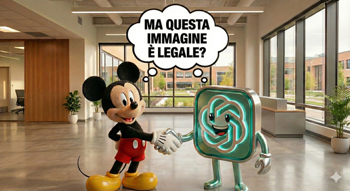 Immagine in cui Mickey Mouse e il logo di ChatGPT in versione cartoonesca si stringono la mano con un balloon di pensiero in cui entrambi pensano: ma questa immagine è legale? 